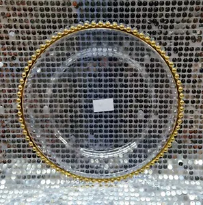 12 Gold Bead Rim Clear Plastic Charger Base Plates Elegant Table Setting - Picture 1 of 3