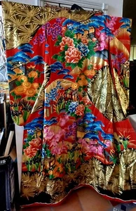 Japanese Wedding Silk Kimono, UCHIKAKE, Robe Tea Garden Mums Iris Metallic Fans - Picture 1 of 8