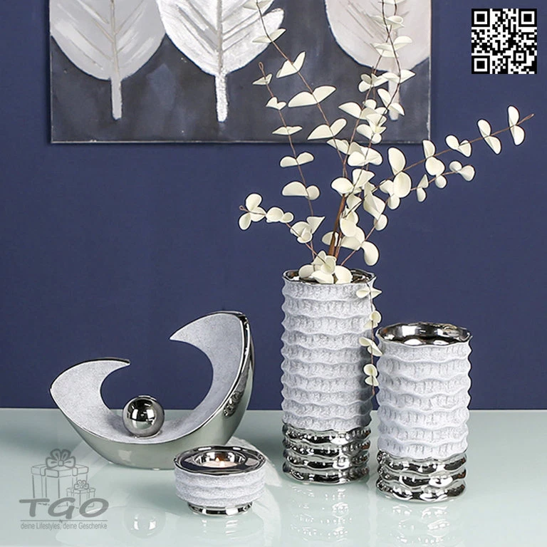 Gilde Deko Blumenvase WIPE Keramik silber matt grau-56147 - Bild 1 von 1