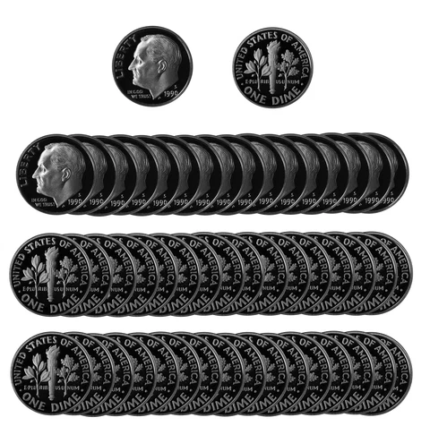 1990 S Roosevelt Dime 10c Gem Deep Cameo Proof CN-Clad Roll 50 US coins Cover