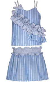 NEW Bonnie Jean Girls Size 16 "BLUE WHITE RUFFLE" Woven Stripe Top Shorts NWT - Picture 1 of 3
