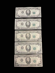 Five Small Head $20 bills (Twenty Dollar Bills) - Series 1985 & Series 1988A - Picture 1 of 2
