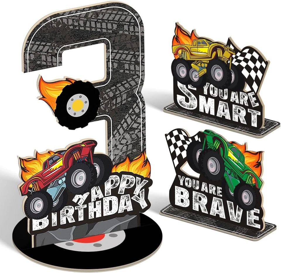 Decoraciones de cumpleaños 3Rd para niños - Juego de centro de mesa de fiesta Monster Truck - Monste Foto 1 de 4