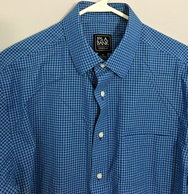 Jos A Bank Shirt Mens Medium Blue Traveler Check Plaid Long Sleeve Button Front - Image 1 of 4