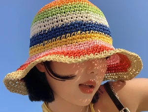 Women Ladies Rainbow Color Paper Straw hat Foldable Packable - Bild 1 von 1