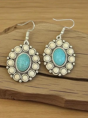 BOHO Lindos Pendientes Colgantes Gancho Artesanal Turquesa Plata Tibetano Tailandés Foto 1 de 4