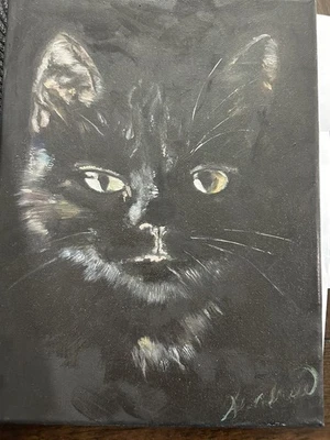 Черный кот картина маслом оригинальный 9 x 12 уникальный подарок 4 кошки любителей абстрактный реализм - Изображение 1 из 2