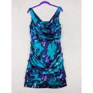 Express Design Studio Vintage Damen lila blau Seide gerafft Minikleid Gr. 6 - Bild 1 von 12