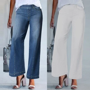 Women Wide Leg Jeans Pants Seamed Plain Casual Straight Jeans Trousers US - Picture 1 of 12