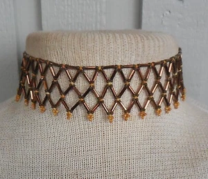 Netted Weave Beaded Choker Necklace Adjustable Length Brown Khaki Honey Gold - Picture 1 of 8