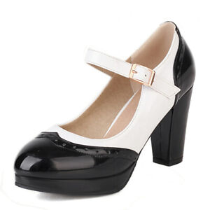 Womens Mary Jane Splicing Lolita Buckle Block Heel Ankle Strap Dress Pumps Shoes