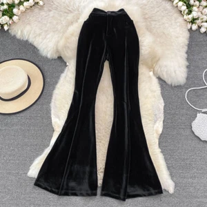 Women Velvet Pleuche Bell Bottoms Flared Trousers Pants High Waist Button Solid - Picture 1 of 7