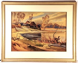 Large LISTED AMERICAN GEORGE ALBACH SIGNED ORIGINAL WATERCOLOR  LAKESIDE VILLAGE - Picture 1 of 8