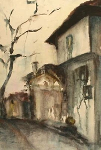 80's impressionist watercolor painting landscape town street - Picture 1 of 12