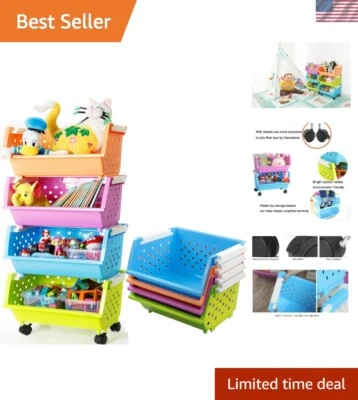 Contenedores de juguetes con ruedas de colores brillantes - Solución de almacenamiento para niños de 4 compartimentos Foto 1 de 4