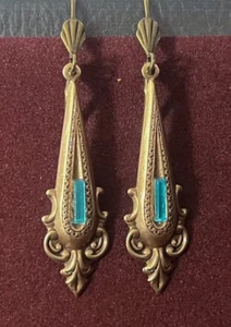 Art Deco Earrings Long Brass Aqua Rhinestone Filigrees Art Deco Jewelry - Picture 1 of 4