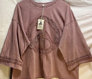 Top con apliques de patrón de caballete Peace Sign (rosa polvorienta) M nuevo con etiquetas - Imagen 1 de 13
