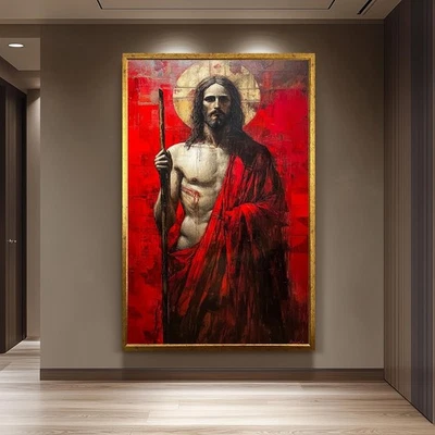 Arte en lienzo de la resurrección de Jesús, pintura sagrada roja audaz, decoración de pared cristiana Foto 1 de 4