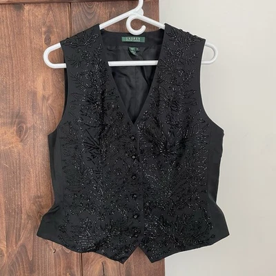 Chaleco Ralph Lauren Talla 14 100% Algodón Floral Cuentas Negro Mujer Cóctel Fiesta Foto 1 de 4