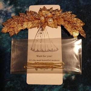 Bridal Wedding Hair, Veil Decoration Gold Tone Leaves With Pearls And Hair Pins - Picture 1 of 2