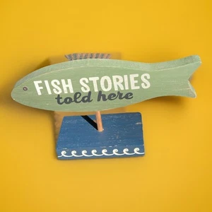 Fish Stories Told Here Rustic Wooden Sign in the Shape of a Fish Approx 8”x 5” - Picture 1 of 11