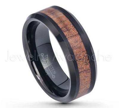   8mm Beveled Edge Polish Black IP Tungsten w/ Hawaiian Koa Wood Center #698 Foto 1 de 3