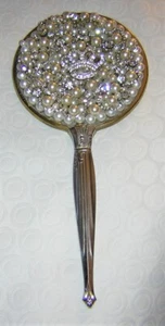 VINTAGE Metal SILVER RHINESTONE CROWN Ivory PEARL COVERED Hand MIRROR - Picture 1 of 9