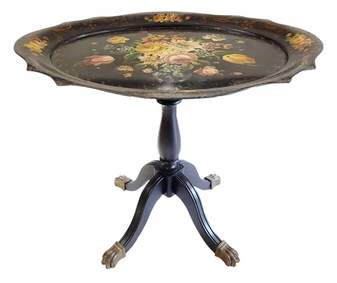 VINTAGE 20thC ENGLISH Regency Style BLACK Hand Painted TOLE TRAY Tilt Top TABLE Cover