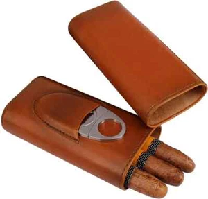 Cigar Case with Cutter Cigar Travel Case 3-Finger Leather Cigar Carrying Case - Picture 1 of 6