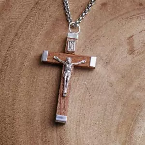 Olive Wood Crucifix necklace Catholic jewelry Cross Blessed Jerusalem Holy Land - Picture 1 of 5