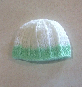 Crochet White with Mint Green Trim Ribbed Stocking Cap 16"-18" Doll - Picture 1 of 1