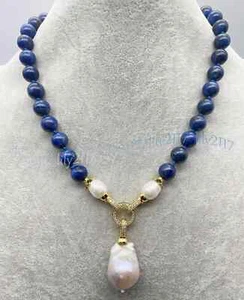 Natural Blue Lapis Lazuli White Keshi Baroque Pearl Pendant Necklace 6/8/10/12mm - Picture 1 of 8