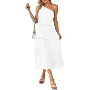 Summer One-Shoulder Sleeveless Pleated Ruffle Tiered Layered Chiffon Party Dress - Picture 1 of 15