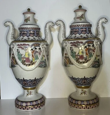 Par de jarrones urnas con tapa vintage de 19" de alto Baihu manijas de tigre blanco asiático Foto 1 de 4