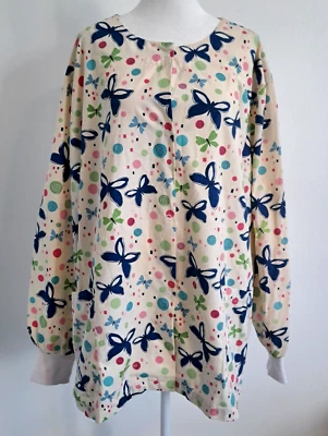 0799 - 2XL Sierra Scrubs White Colorful Butterfly Long Sleeve Button Up Top - Image 1 of 4