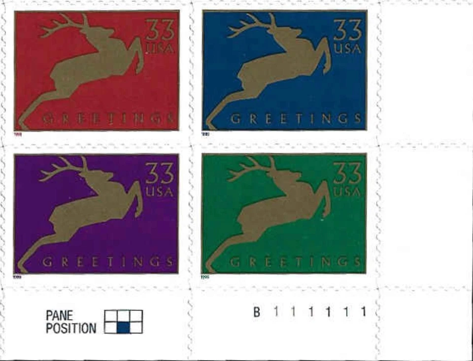 US #3356-3359 MNH Plate Block 1999 Christmas Jumping Gold Reindeer [B111111] - Image 1 of 1