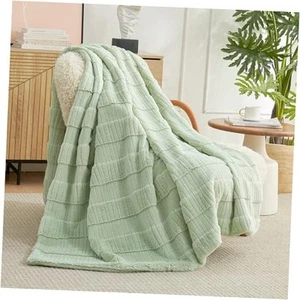 Amélie Home Stripe Faux Fur Throw Blanket, Cozy Soft Fuzzy 88" x 90" Sage Green - Picture 1 of 7