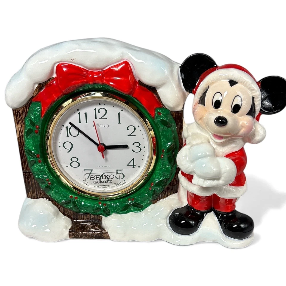Vintage Ceramic Mickey Mouse Santa Clock Seiko Quartz Disney Christmas Decor - Image 1 of 4
