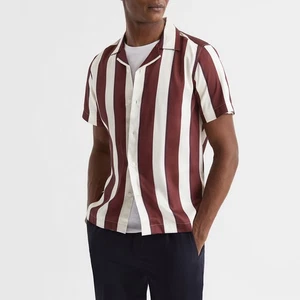 REISS MENS Virginia Slim Fit Cuban Collar Striped Shirt Top in Rust/Cream Size M - Picture 1 of 4