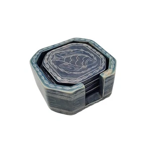 VTG Set of 4 Blue Dyed Soapstone Etched Fish Square 3" Coaster Set Kenya - Picture 1 of 9