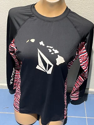 VOLCOM Rash Guard NEGRO con estampado de bandera hawaiana del Reino Unido Camiseta Manga Larga - Para mujer Talla L Foto 1 de 4