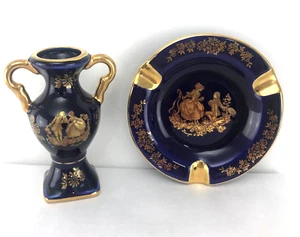 Limoges Castel France Porcelain 22k Gold Colbalt Blue Ashtray & Small Vase - Picture 1 of 10