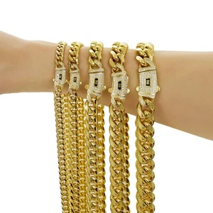 6-14mm Stainless Steel 14k Gold Plated Miami Hip Hop  Cuban Necklace or Bracelet - Picture 1 of 9