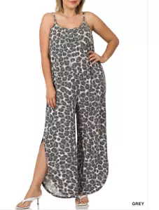 Zenana  3X Leopard Print JumpSuit with Adjustable Straps Gray Multi - Picture 1 of 3