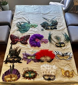 13 Vintage Peacock Feathers Face Mask w/Sequins, Carnival, Festival, Masquerade - Picture 1 of 14