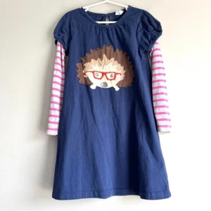 Mini Boden girls dress 7 8 hedgehog appliqué layered long sleeve blue striped - Picture 1 of 7