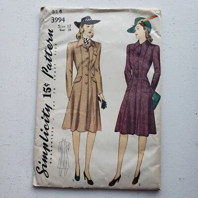 1940s Vintage Simplicity 3994 Princess Seam Coat FF Sewing Pattern - Image 1 of 2