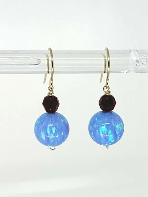 14k Yellow Gold Blue Opal and Red Swarovski Crystal Drop Dangle Earrings - Image 1 of 4