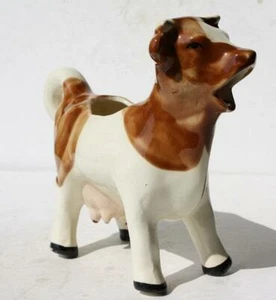 Cow Figurine Creamer Brown Spots Ceramic Porcelain Hand Paint Curled Tail Handle - Picture 1 of 1