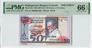 MADAGASCAR 50 Francs 1974-75, P-62s SPECIMEN NO STAMPS, PMG 66 EPQ Gem UNC Rare - Picture 1 of 2